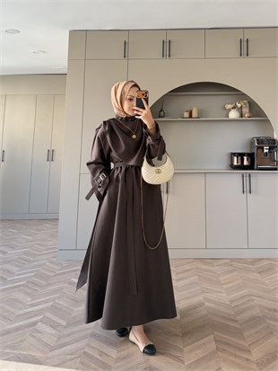 Şal Detaylı Trenç Elbise Kahve (8865)