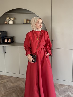 Şal Detaylı Trenç Elbise Kırmızı (8865)