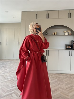 Şal Detaylı Trenç Elbise Kırmızı (8865)