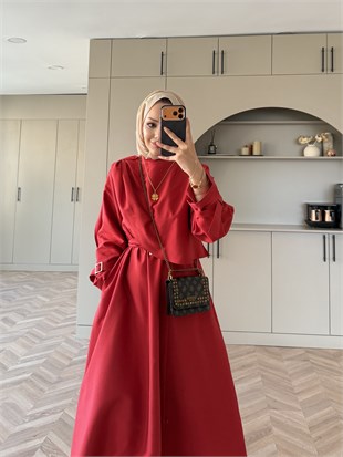 Şal Detaylı Trenç Elbise Kırmızı (8865)