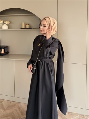 Şal Detaylı Trenç Elbise Siyah (8865)