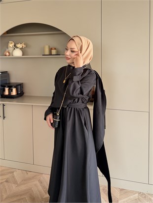 Şal Detaylı Trenç Elbise Siyah (8865)