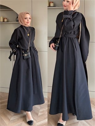 Şal Detaylı Trenç Elbise Siyah (8865)