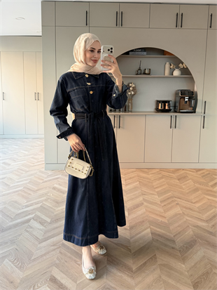 Samira Boydan Çıtçıtlı Kot Elbise Lacivert (5750)