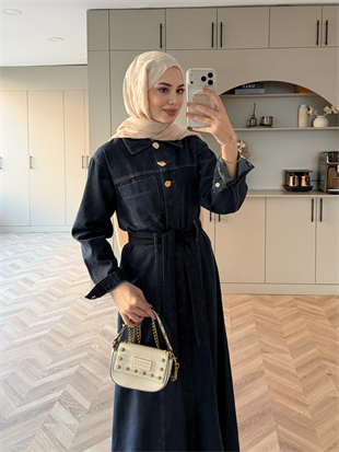 Samira Boydan Çıtçıtlı Kot Elbise Lacivert (5750)