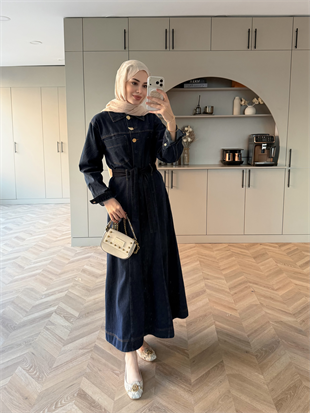 Samira Boydan Çıtçıtlı Kot Elbise Lacivert (5750)