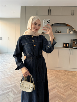 Samira Boydan Çıtçıtlı Kot Elbise Lacivert (5750)