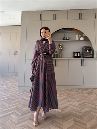 Sarah Çizgili Poplin Elbise Bordo-Lacivert (8022)