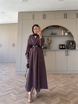 Sarah Çizgili Poplin Elbise Bordo-Lacivert (8022)