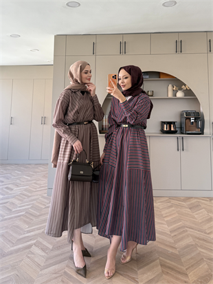 Sarah Çizgili Poplin Elbise Bordo-Lacivert (8022)