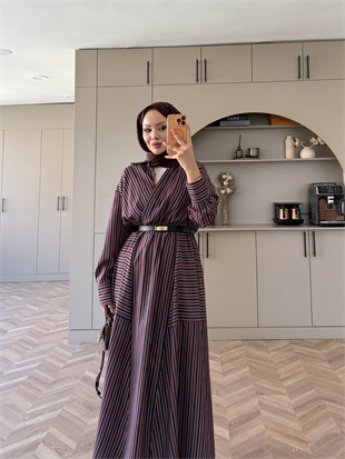 Sarah Çizgili Poplin Elbise Bordo-Lacivert (8022)