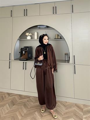 Saten Bomber Ceket Takım Acı Kahve