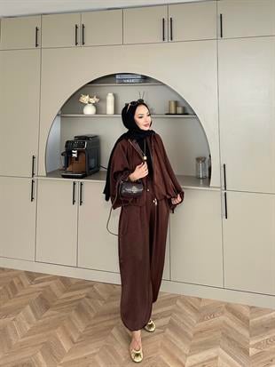 Saten Bomber Ceket Takım Acı Kahve