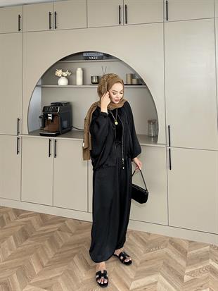 Saten Bomber Ceket Takım Siyah