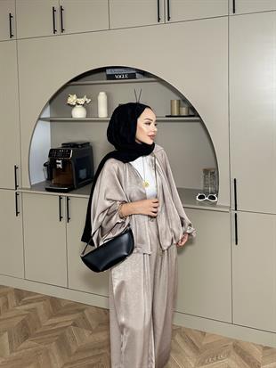 Saten Bomber Ceket Takım Vizon