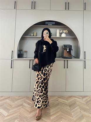 Saten Etekli Leopar Takım Siyah