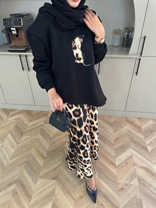 Saten Etekli Leopar Takım Siyah