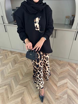 Saten Etekli Leopar Takım Siyah