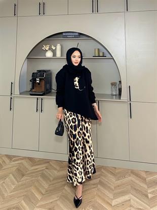 Saten Etekli Leopar Takım Siyah
