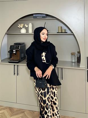 Saten Etekli Leopar Takım Siyah