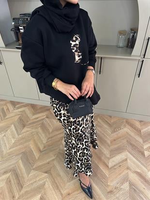 Saten Etekli Leopar Takım Siyah-Haki