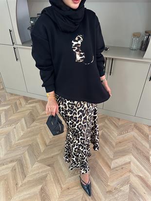 Saten Etekli Leopar Takım Siyah-Haki