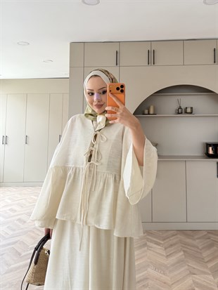 Galstuk Önden Bağlamalı Etekli Takım Ekru (2331)