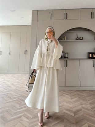 Galstuk Önden Bağlamalı Etekli Takım Ekru (2331)