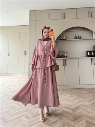 Galstuk Önden Bağlamalı Etekli Takım Pembe (2331)