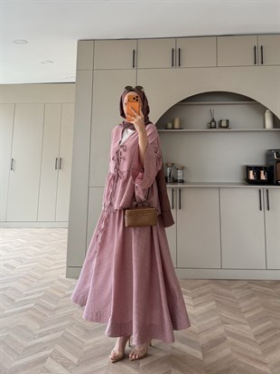 Galstuk Önden Bağlamalı Etekli Takım Pembe (2331)