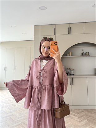 Galstuk Önden Bağlamalı Etekli Takım Pembe (2331)