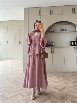 Galstuk Önden Bağlamalı Etekli Takım Pembe (2331)