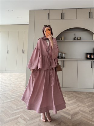 Galstuk Önden Bağlamalı Etekli Takım Pembe (2331)