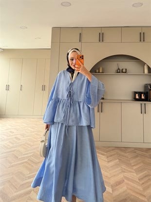 Galstuk Önden Bağlanalı Etekli Takım Mavi (2331)