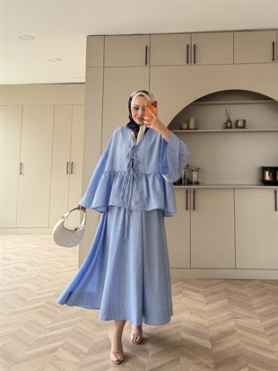 Galstuk Önden Bağlanalı Etekli Takım Mavi (2331)