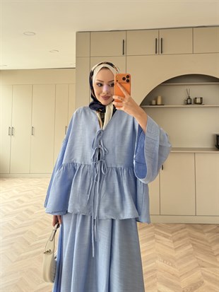 Galstuk Önden Bağlanalı Etekli Takım Mavi (2331)