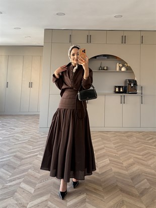 Seha Drapeli Bel Detaylı Etekli Takım Acı Kahve (2017)