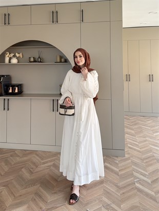 Selin Düğme Detaylı Elbise Beyaz (2277)