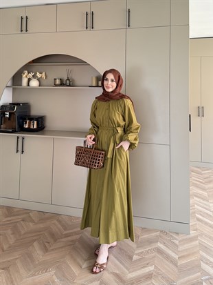 Selin Düğme Detaylı Elbise Yağ Yeşili (2277)