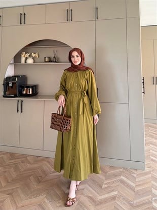 Selin Düğme Detaylı Elbise Yağ Yeşili (2277)
