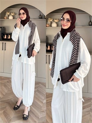 Sera Büzgülü Oysh Pantolonlu Takım Ekru (2371)