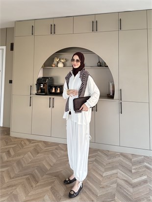 Sera Büzgülü Oysh Pantolonlu Takım Ekru (2371)