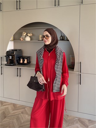 Sera Büzgülü Oysh Pantolonlu Takım Kırmızı (2371)