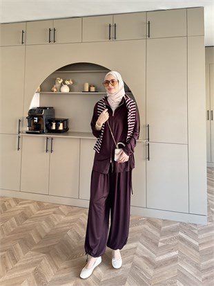 Sera Büzgülü Oysh Pantolonlu Takım Mürdüm (2371)