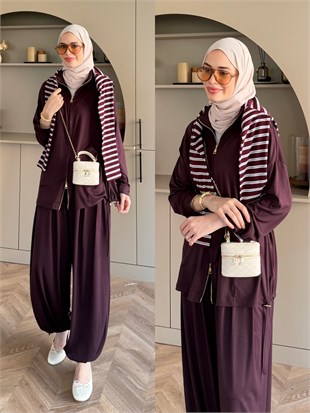 Sera Büzgülü Oysh Pantolonlu Takım Mürdüm (2371)