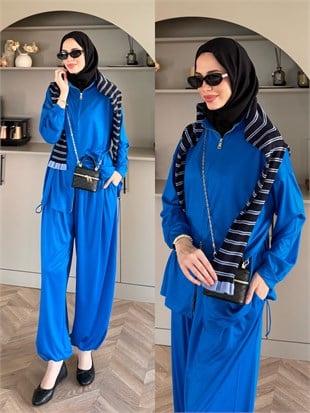 Sera Büzgülü Oysh Pantolonlu Takım Saks (2371)