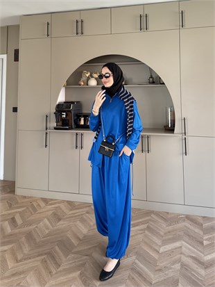 Sera Büzgülü Oysh Pantolonlu Takım Saks (2371)