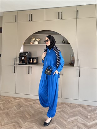 Sera Büzgülü Oysh Pantolonlu Takım Saks (2371)