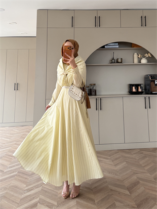 Stew Çizgili Şal Detaylı Broşlu Elbise Sarı (1908)