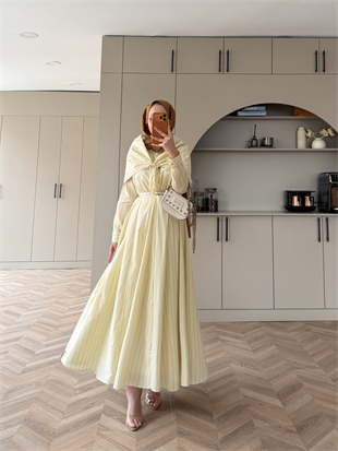 Stew Çizgili Şal Detaylı Broşlu Elbise Sarı (1908)